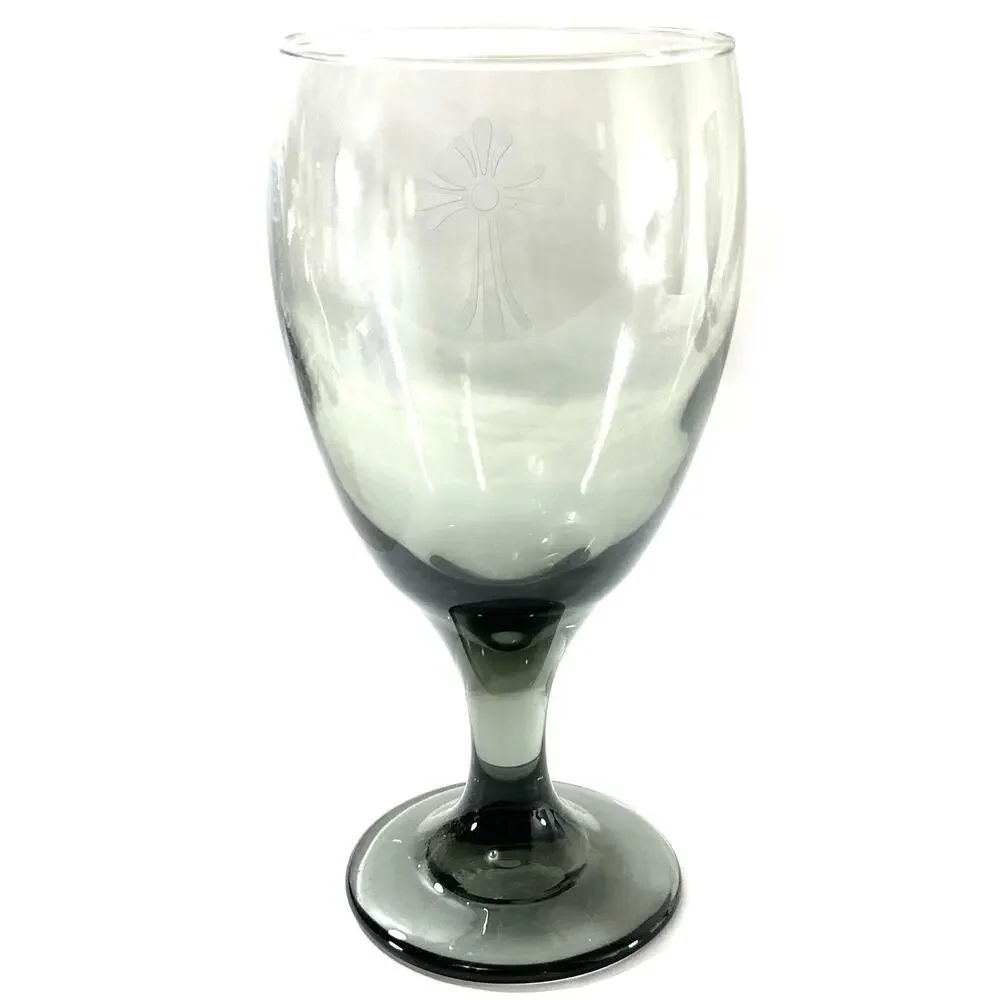 Vintage Etched Green Wine Goblets Pair Mid Century Smoke Glass 7”